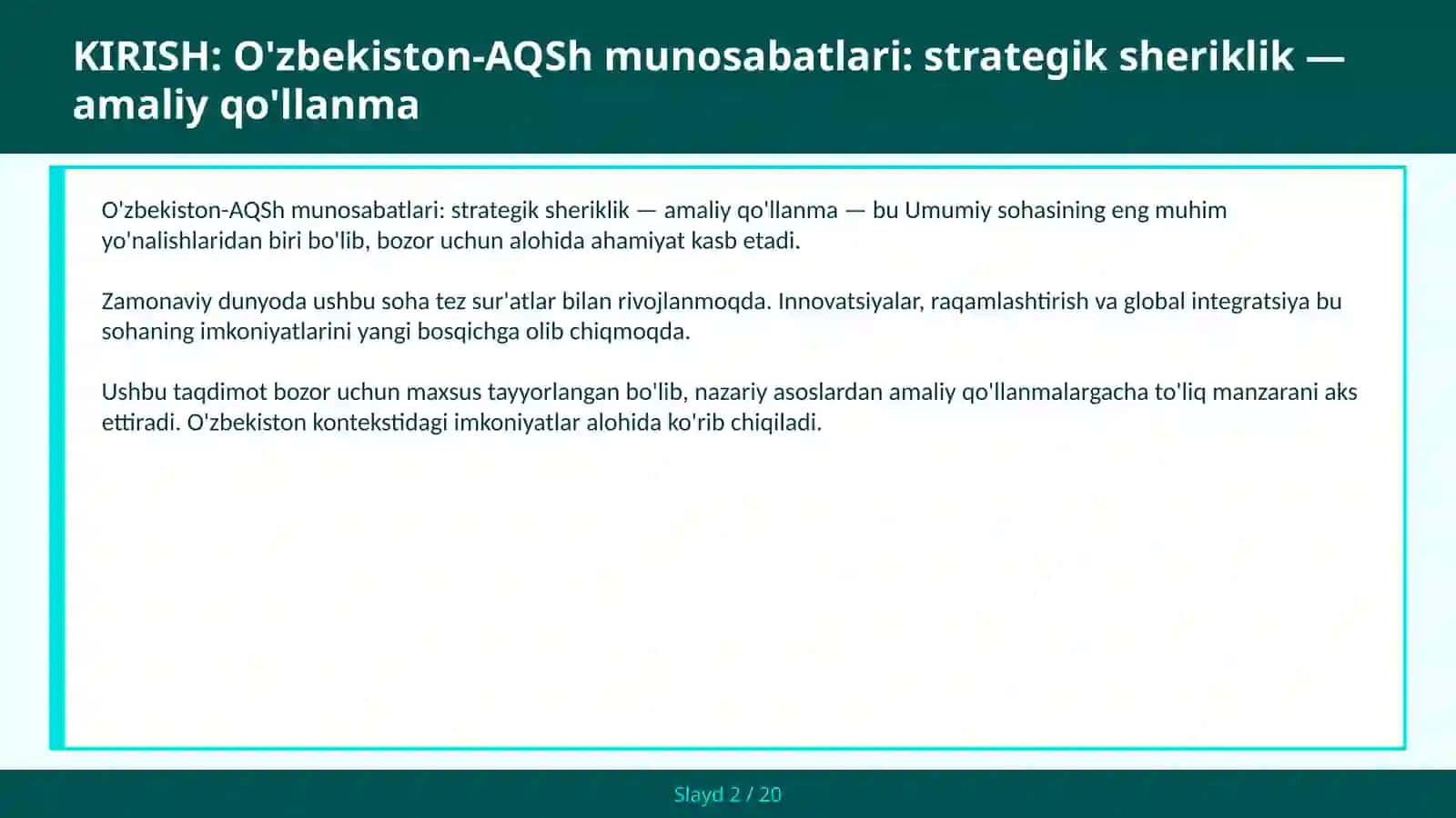 O'zbekiston-AQSh munosabatlari: strategik sheriklik — amaliy qo'llanma 2