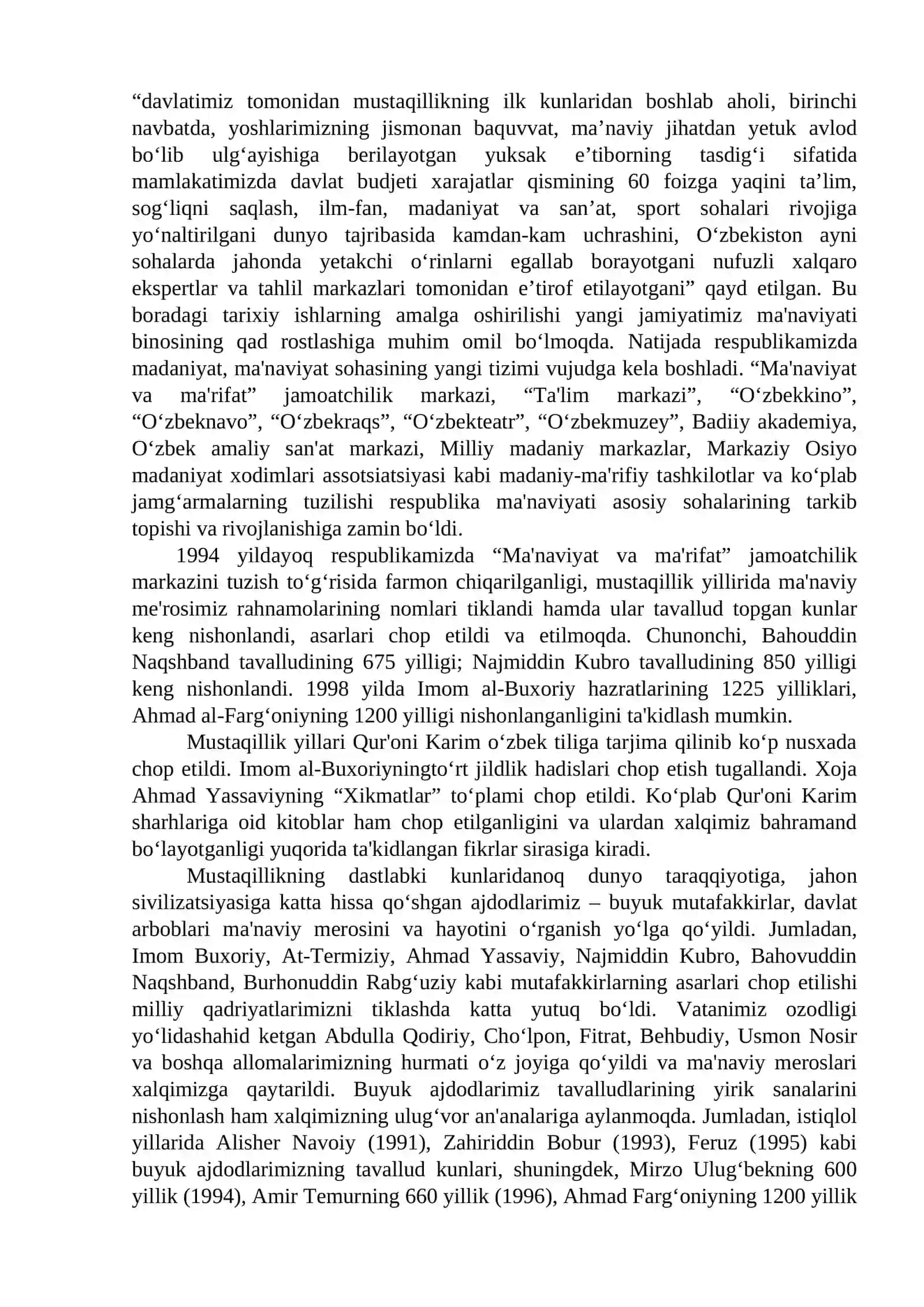 MAVZU. MUSTAQILLIK YILLARIDA O‘ZBEKISTONDAGI MA'NAVIY VA MADANIY TARAQQIYOT 2