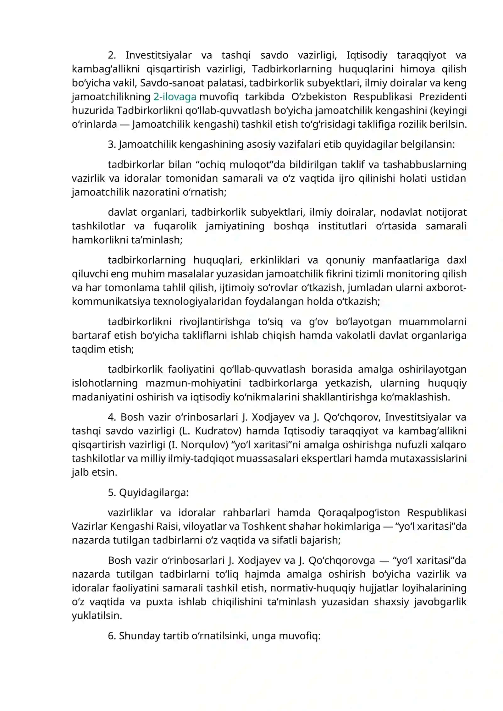 O‘ZBEKISTON RESPUBLIKASI PREZIDENTINING TADBIRKORLAR BILAN 2022-YILDAGI “OCHIQ MULOQOTI”DA BELGILANGAN VAZIFALARNI AMALGA OSHIRISH CHORA-TADBIRLARI TO‘G‘RISIDA 2