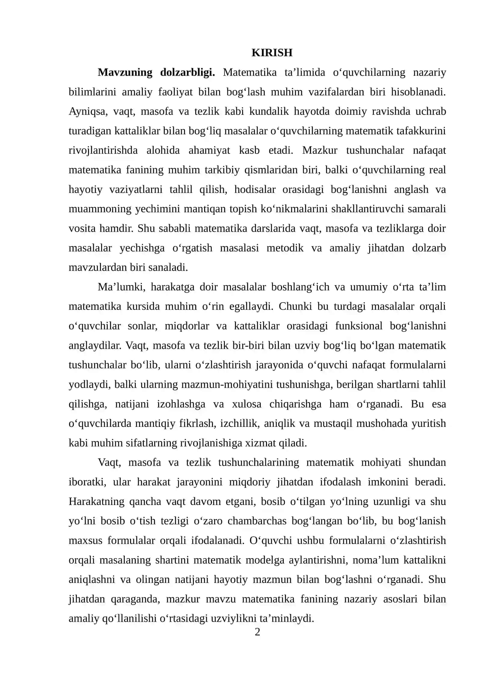 VAQT, MASOFA VA TEZLIKLARGA DOIR MASALALAR YECHISHGA O'RGATISH 2
