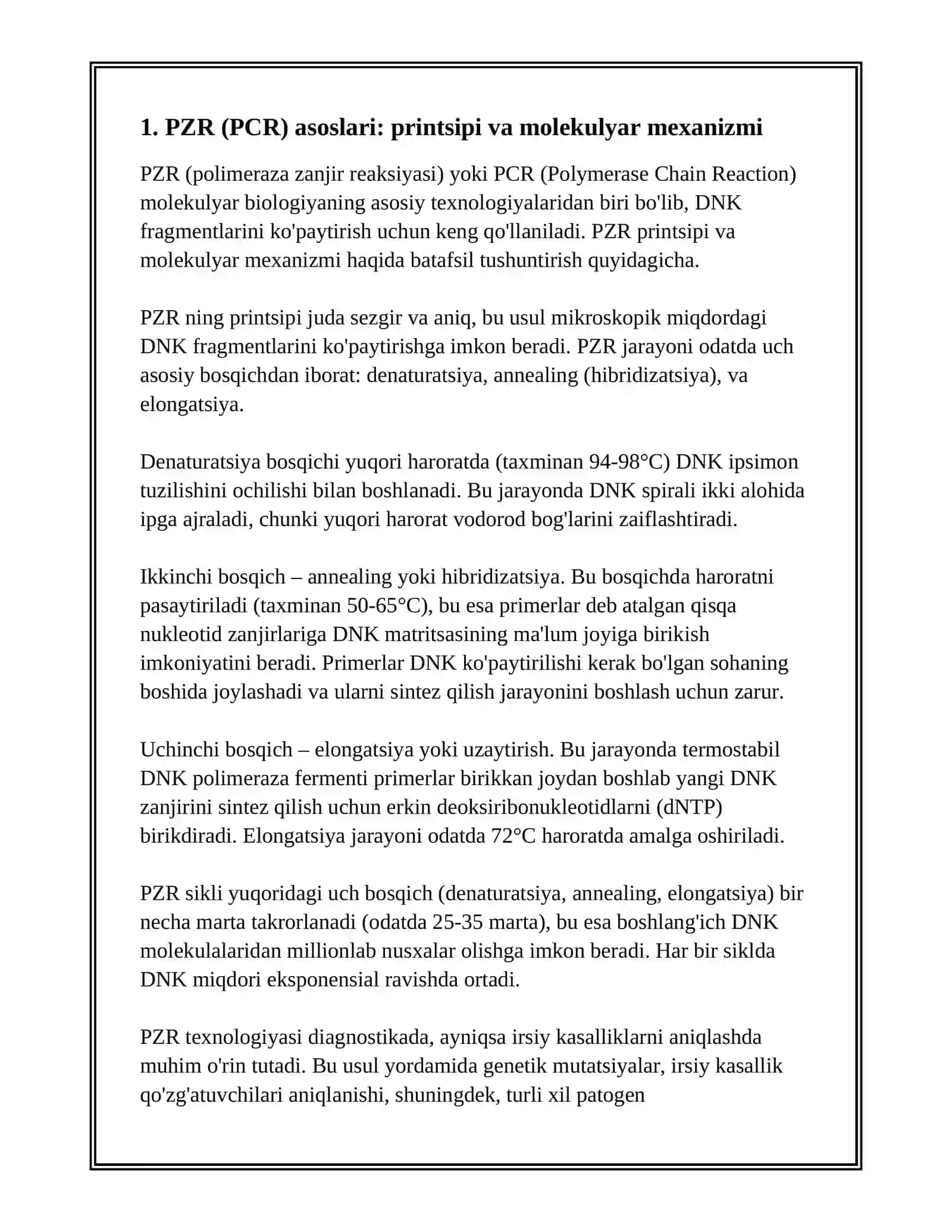 PZR – TASHXIS. MOLEKULAR GENETIKA ASOSLARI VA IRSIY KASALLIKLAR 2