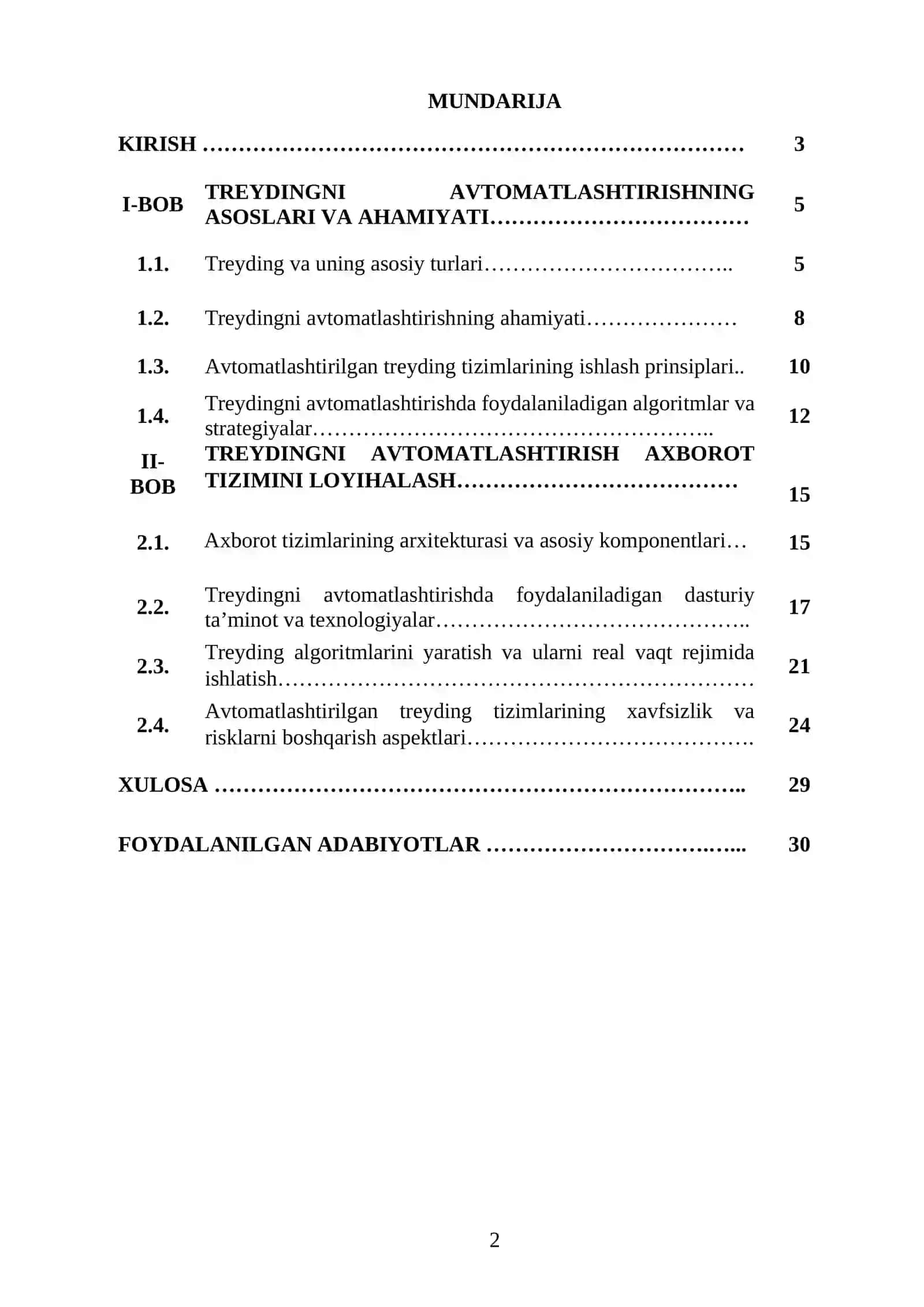 TREYDINGNI AVTOMATLASHTIRISH AXBOROT TIZIMINI YARATISH KURS ISHI 2