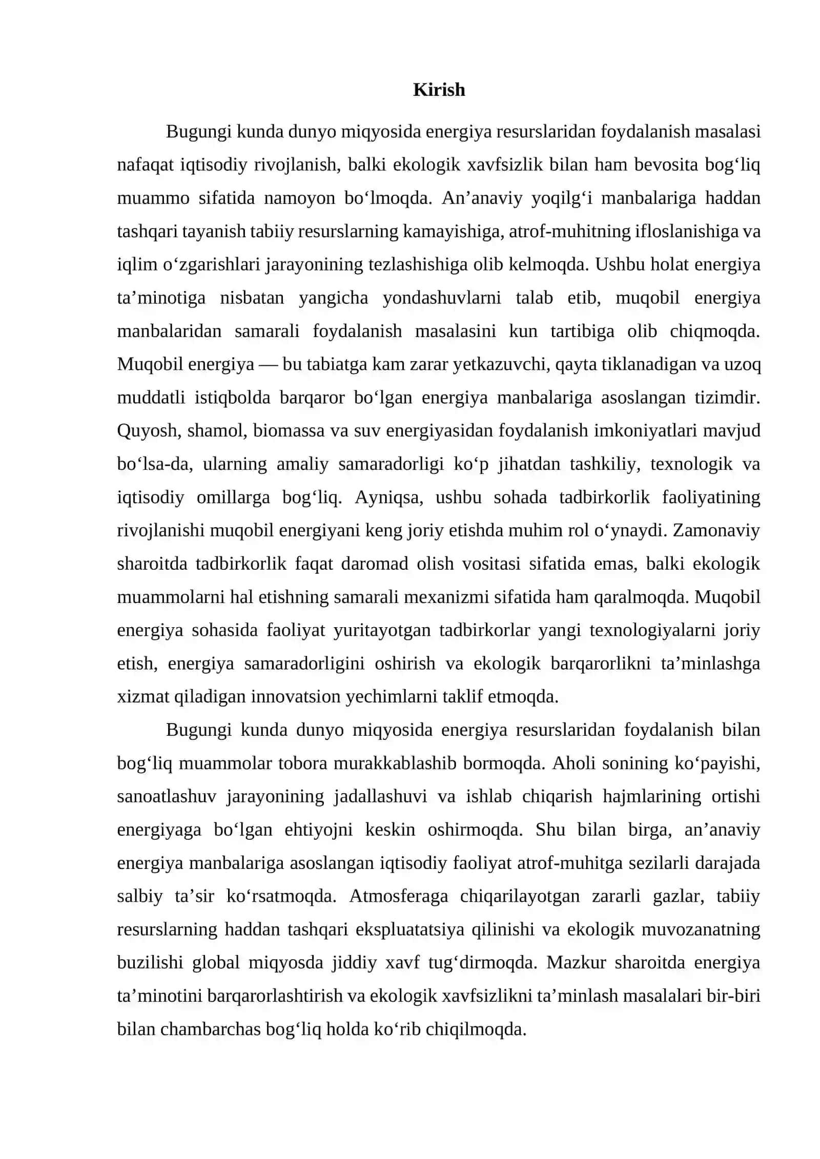 Muqobil energiyadan foydalanish samaradorligini oshirish va ekologik barqarorlik uchun tadbirkorlikni qo‘llab-quvvatlash 2