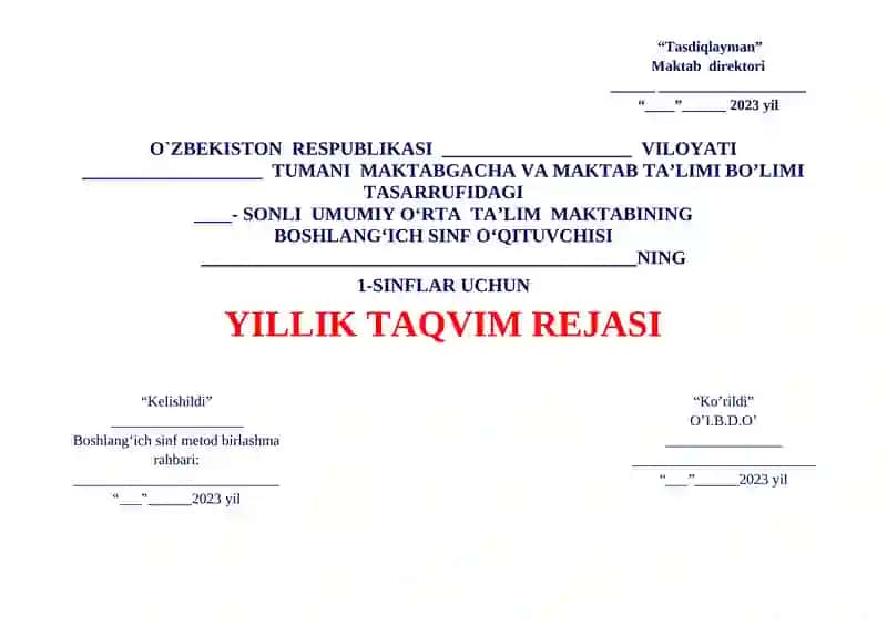 1-sinf “ALIFBE” fanidan taqvim mavzu rejasi 2