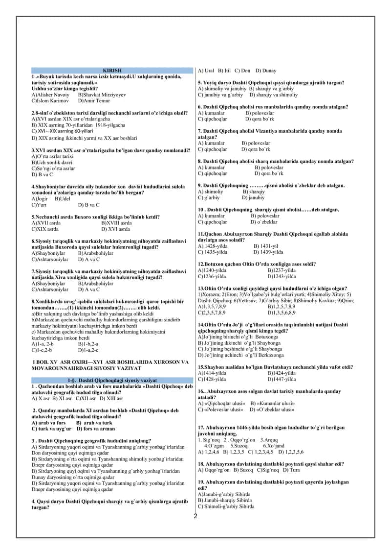 8-sinf O’zbekiston tarixi bo’yicha mavzulashtirilgan testlar. 2