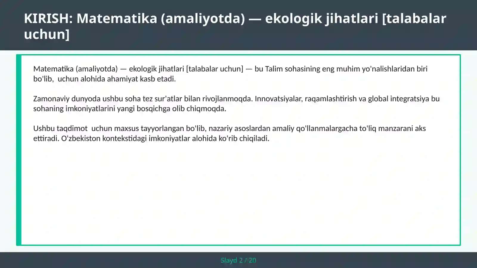 Matematika (amaliyotda) — Ekologik jihatlari [Talabalar uchun] 2