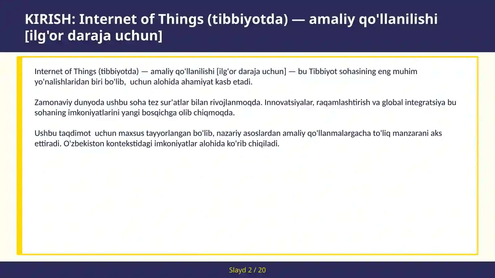 INTERNET OF THINGS (TIBBIYOTDA) — AMALIY QO'LLANILISHI [ILG'OR DARAJA UCHUN] 2