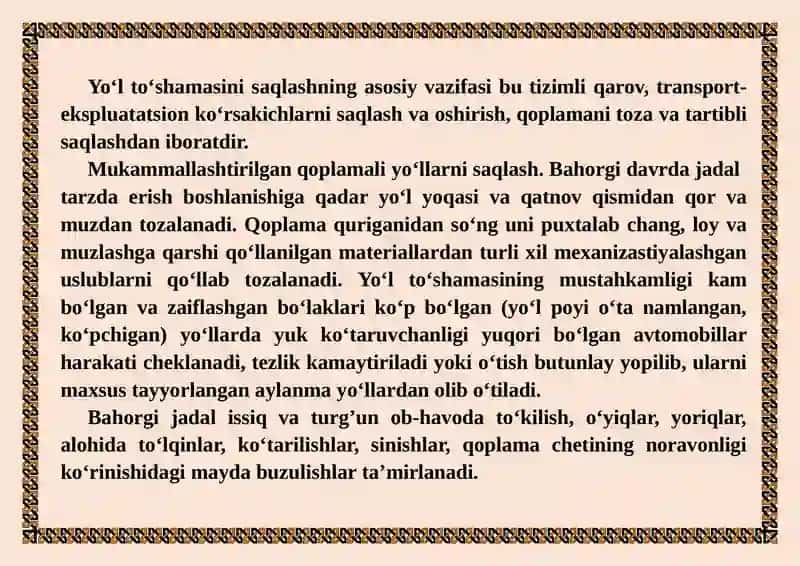 SHAHAR  YO'LLARINI QURUSHDA YO'L TO'SHAMALARI ASOSINI QURUSH TEXNOLOGIK XARITASINI TUZISH 2