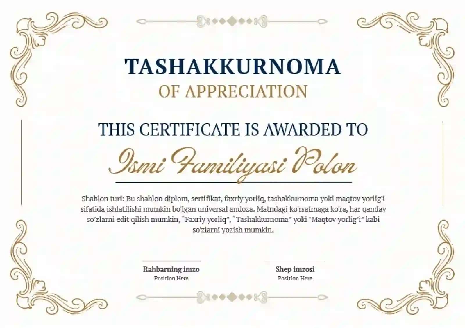Diplom, sertifikat, faxriyyorlik, tashakkurnoma 2