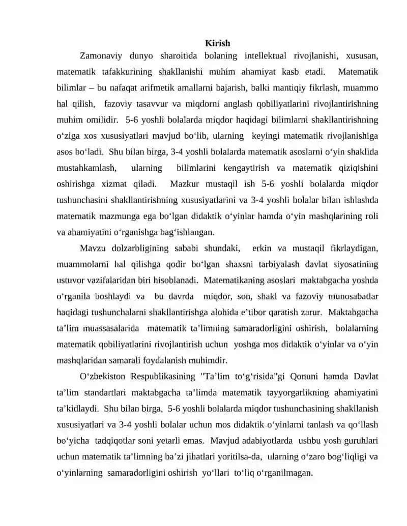 5-6 yoshli bolalarda miqdor haqidagi bilimlarni shakllantirishning xususiyatlari. 3-4 yoshli bolalar bilan ishlashda matematik mazmunga ega bo‘lgan didaktik o‘yinlar va o‘yin mashqlari. 2