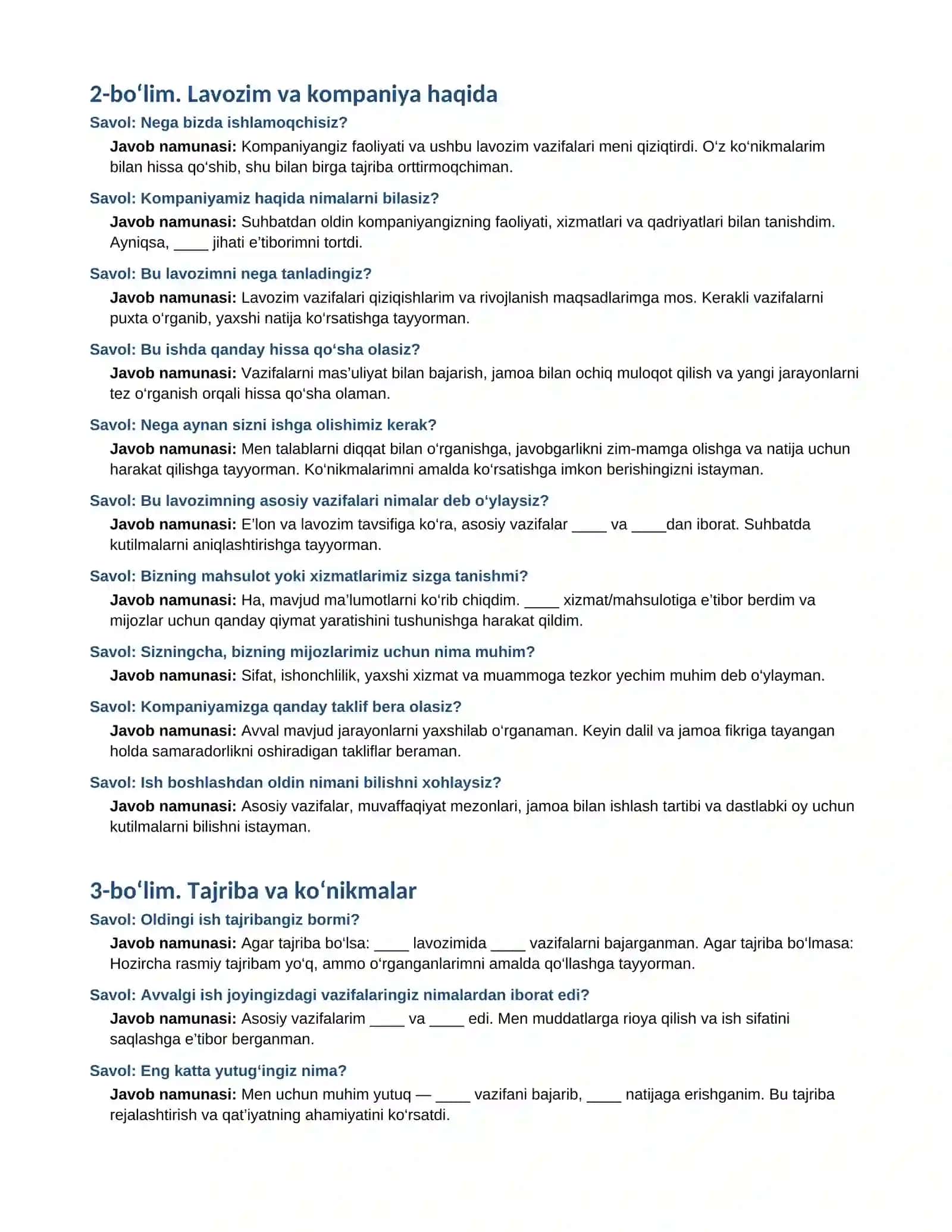 ISH SUHBATIGA TAYYORGARLIK 150 ta muhim savol va namunaviy javob 2