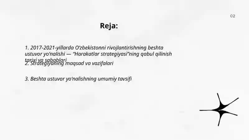 2017-2021-yillarda Oʻzbekiston rivojlantirishning beshta ustuvor yoʻnalishi "Harakat strategiyasi"ming qabul qilinishi 2