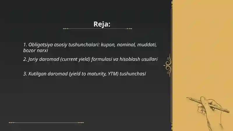 Obligatsiyaning kutilgan va joriy daromad darajasini hisoblash 2