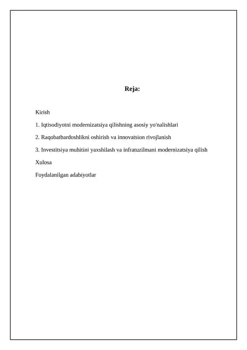 O‘zbekistonda iqtisodiyotni modernizatsiyalashning ustuvor yunalishlari 2