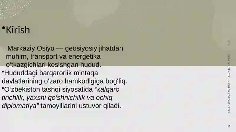 O'zbekistonning Markaziy Osiyoda tinchlik va barqarorlikni ta'minlashdagi o'rni 2