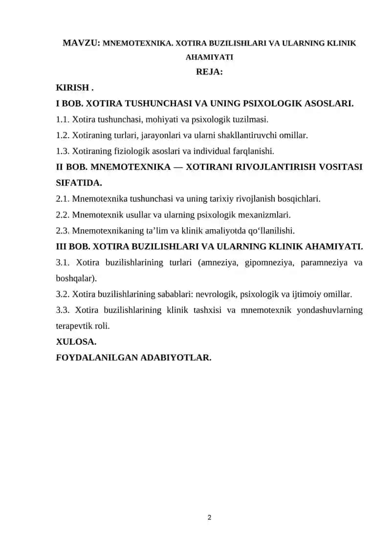 MNEMOTEXNIKA. XOTIRA BUZILISHLARI VA ULARNING KLINIK AHAMIYATI 2