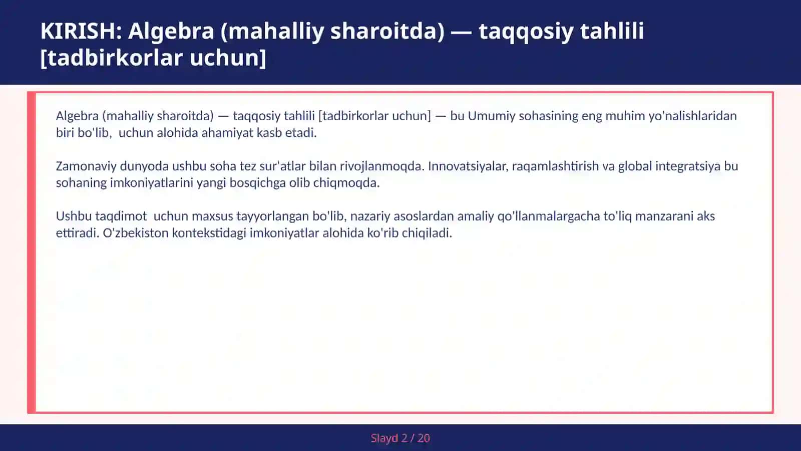 Algebra (mahalliy sharoitda) — taqqosiy tahlili [tadbirkorlar uchun] 2