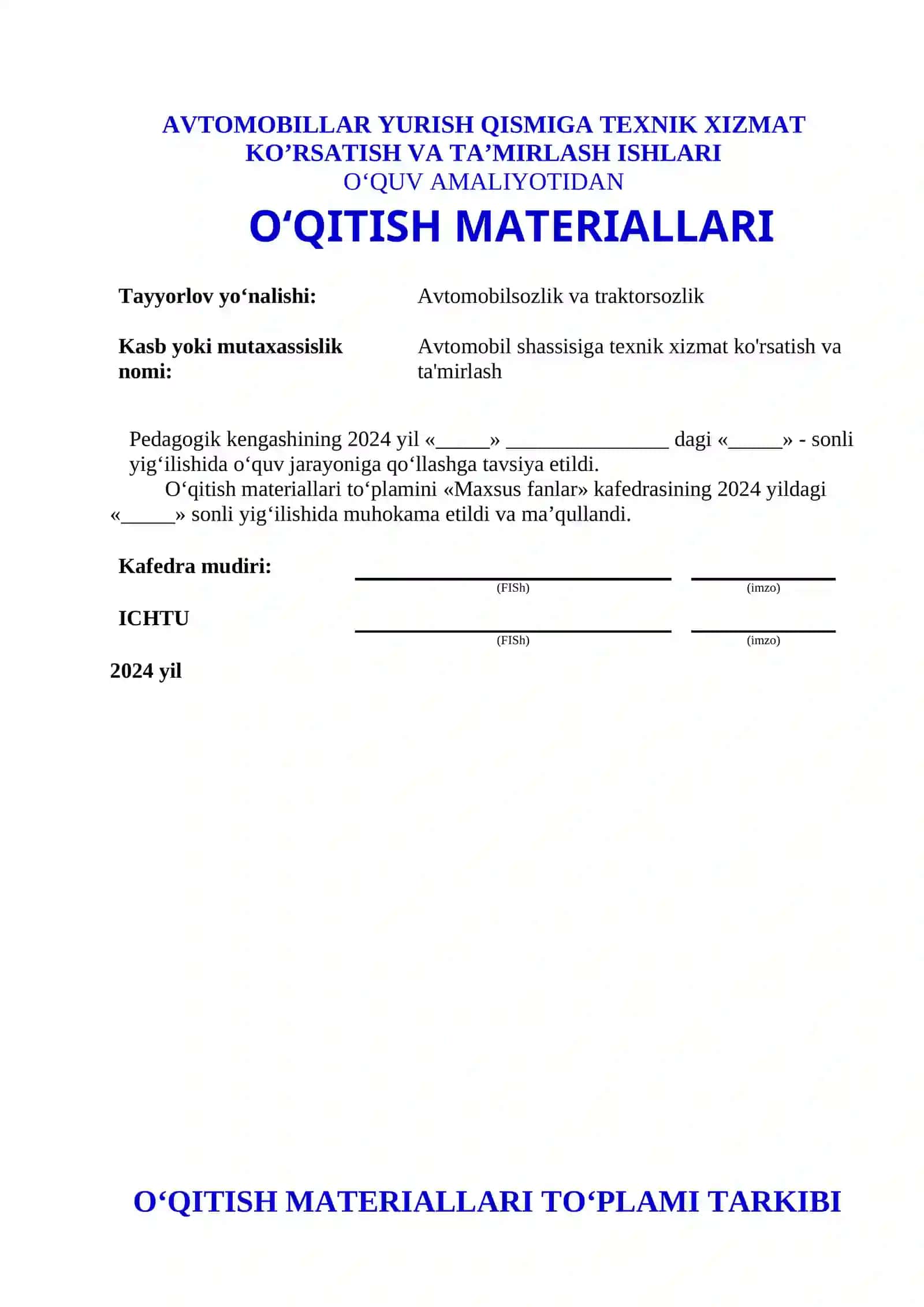 AVTOMOBILLAR YURISH QISMIGA TEXNIK XIZMAT KO’RSATISH VA TA’MIRLASH ISHLARI O‘QUV AMALIYOTI 2