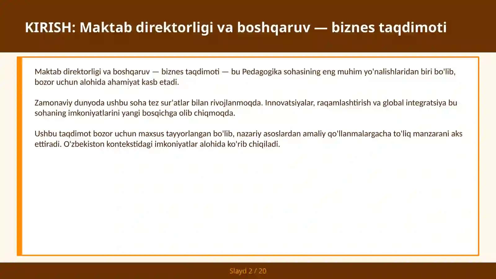 Maktab direktorligi va boshqaruv — biznes taqdimoti 2