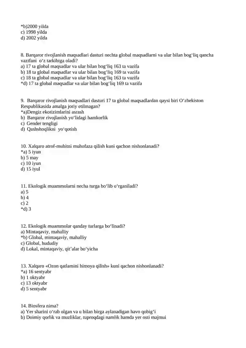 Atrof-muhit va tabiiy resurslar iqtisodiyoti fanidan test variantlari 2