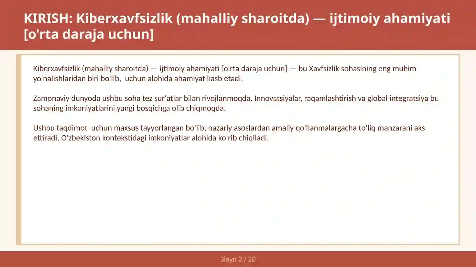 KIBERXAVFSIZLIK (MAHALLIY SHAROITDA) — IJTIMOIY AHAMIYATI [O'RTA DARAJA UCHUN] 2