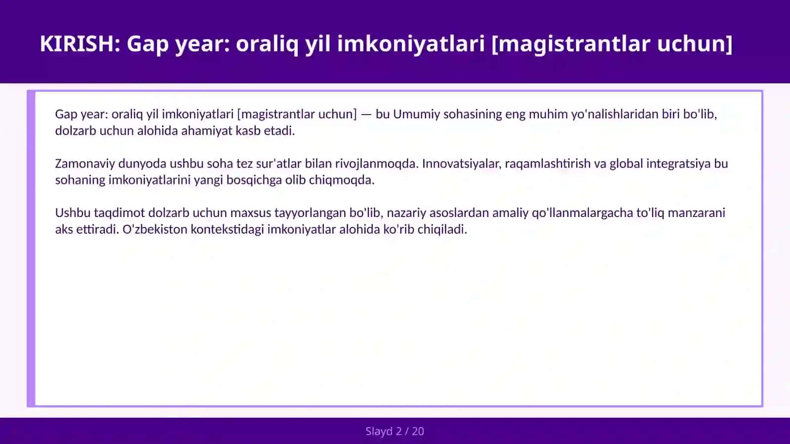 Gap Year: Oraliq yil imkoniyatlari [magistrantlar uchun] 2
