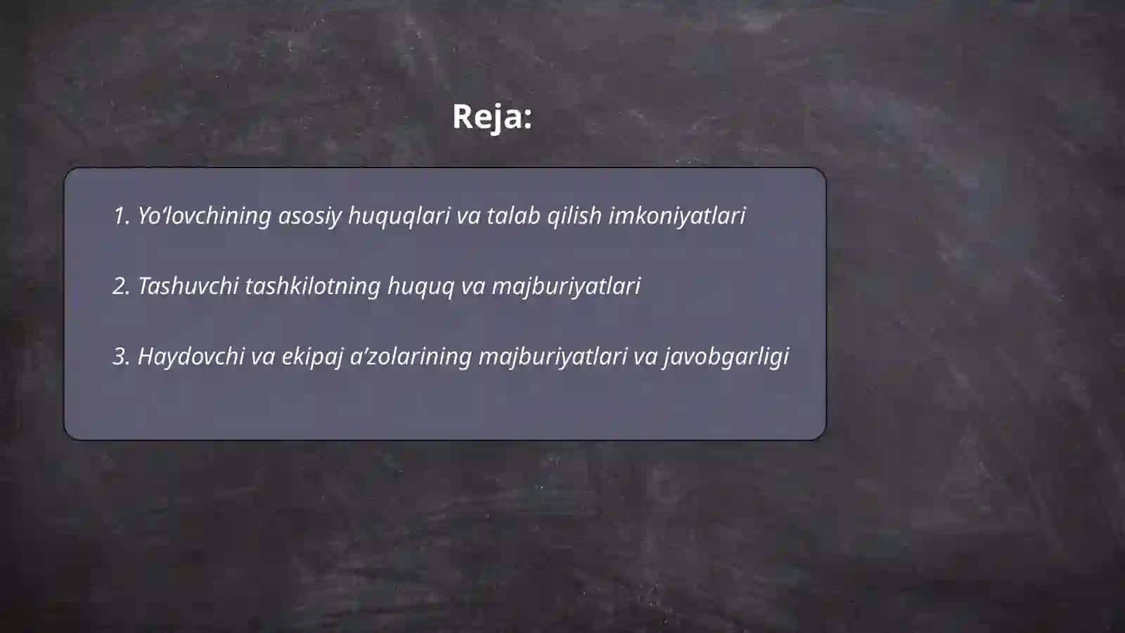 Yoʻlovchilarni tashish jarayoni qatnashchilarning huquq va majburiyatlari 2