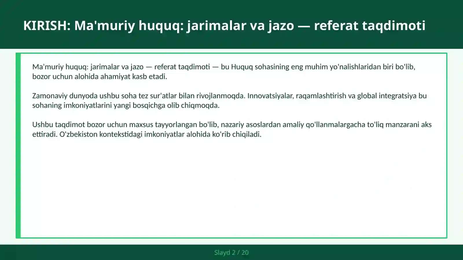 Ma'muriy huquq: jarimalar va jazo — referat taqdimoti 2