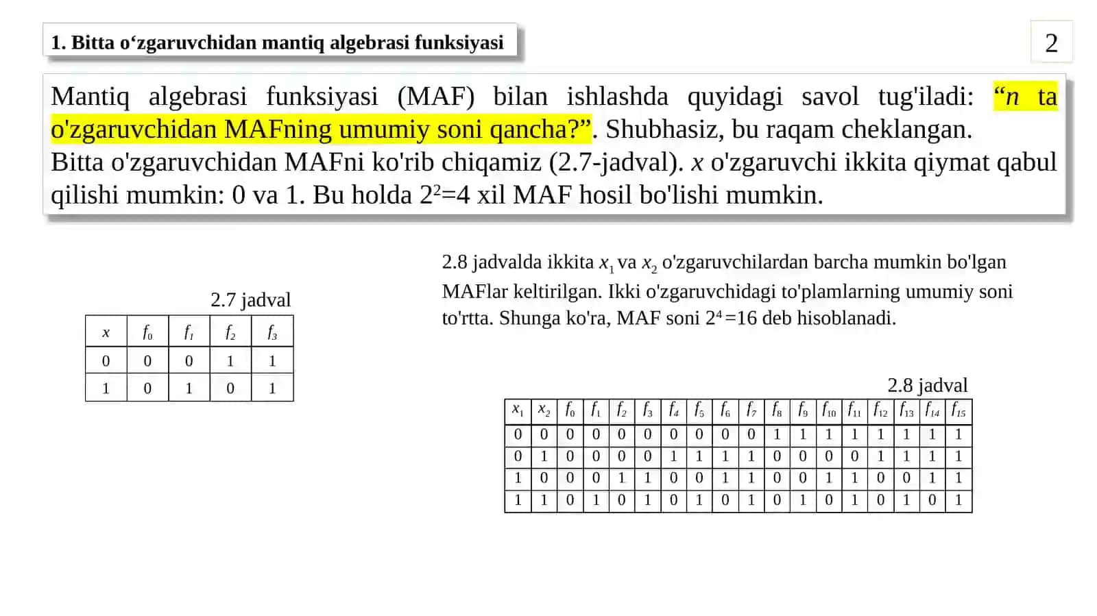 Mantiq algebrasi elementar funksiyalari 2