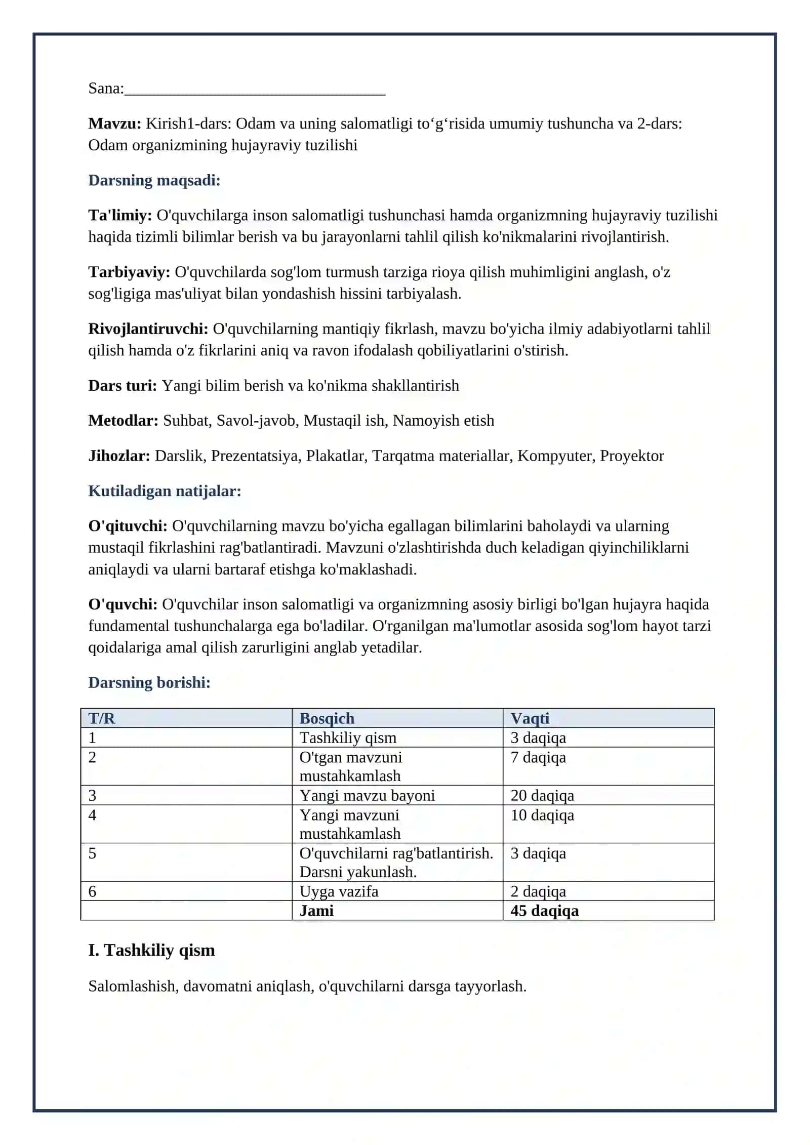 Lesson on Kirish1-dars Odam va uning salomatligi toʻgʻrisida umumiy tushuncha va 2-dars odam organizmining hujayraviy tuzilishi 8-sinf 2