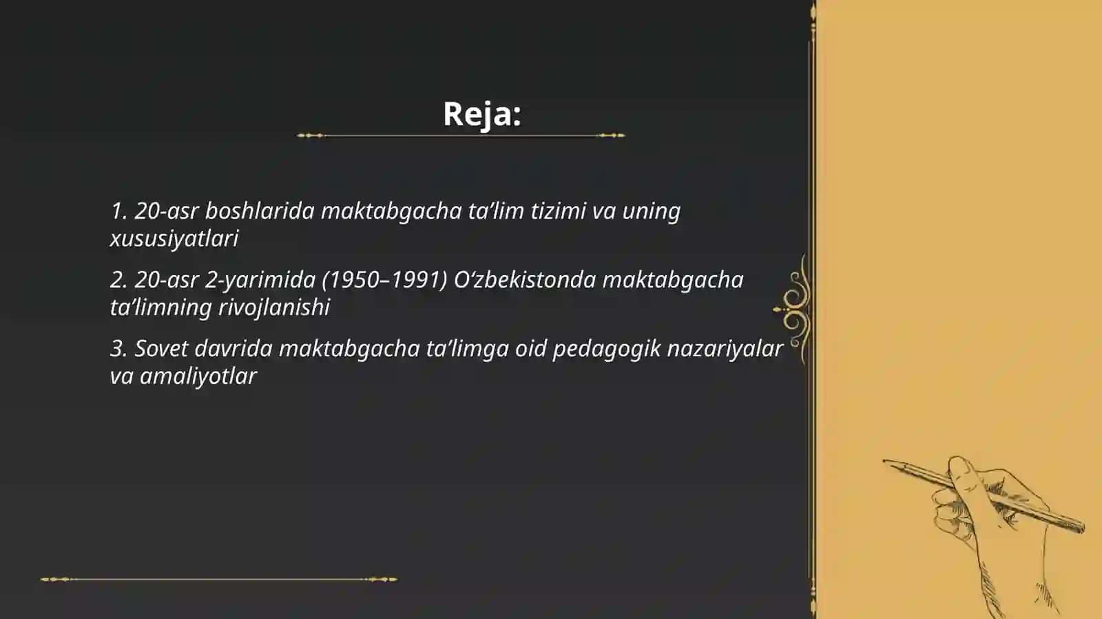20 asr 2 yarimda va 20 asr boshlarida maktabgacha taʼlim va pedagogik fikrlar Mustaqil Oʻzbekiston talim tizimi va pedagogik fikrlar rivoji 2