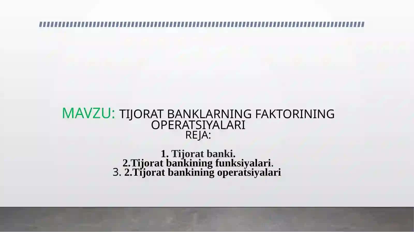 IQTISODIYOT VA TARMOQLAR FAKULTETI MOLIYA VA MOLIYAVIY TEXNALOGIYA TA’LIM YO’NALISHI2-KURS(SIRTQI) 223-GURUH TALABASIXUDOYQULOVA GULNORA XURRAM QIZININGBANK ISHIFANIDAN TAYYORLAGAN MUSTAQIL ISHI 2