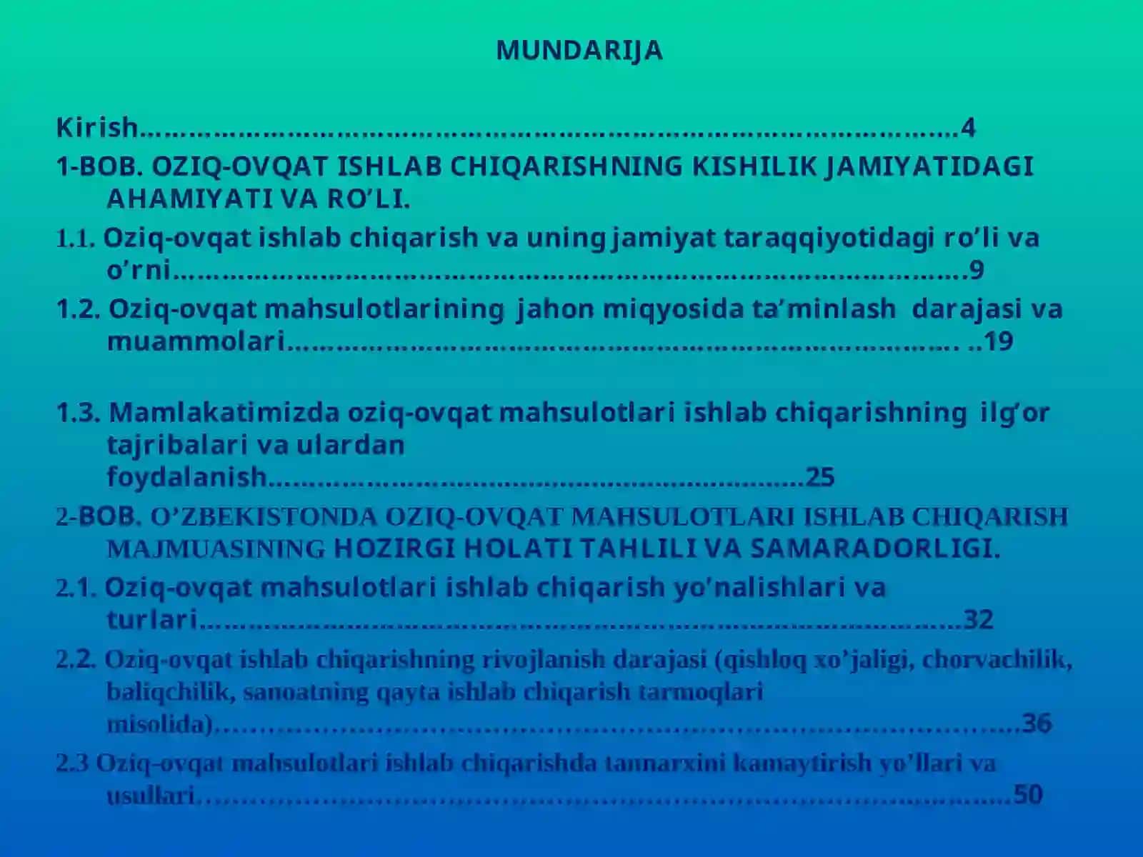 O’zbekistonda oziq-ovqat mahsulotlari ishlab chiqarish va uni iqtisodiy samaradorligini oshirish yo’llari 2