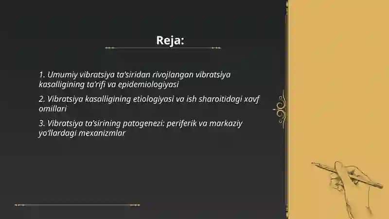 Umumiy vibratsiya tasiridan rivojlangan vibratsiya kasalligi.Kasbiy kohlear nevrit.Etiologiyasi,patagenezi,tasnifi,klinikasi,diagnostikasi,davolash 2