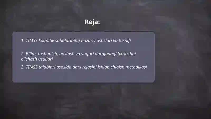 TIMSS xalqaro tadqiqotning tabiiy fanlar mazmuni boʻyicha kognitiv sohalarga doir topshiriqlar bilan ishlash metodikasi 2