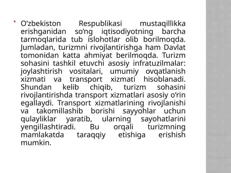 O‘zbekistonda xalqaro va ichki turizmni rivojlantirish istiqbollari. 2