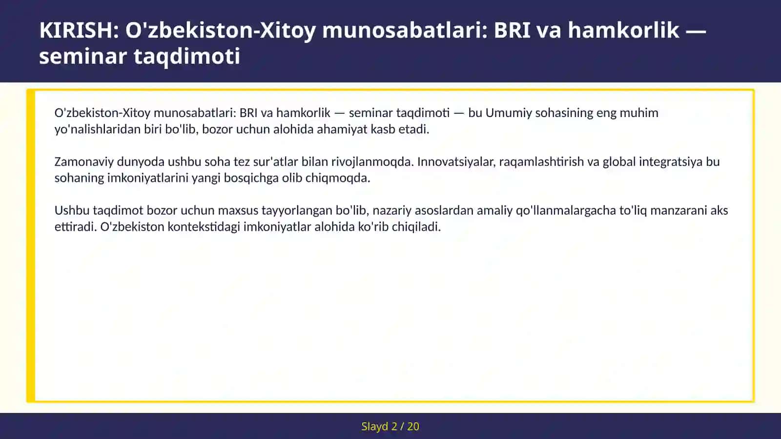 O'zbekiston-Xitoy munosabatlari: BRI va hamkorlik — seminar taqdimoti 2