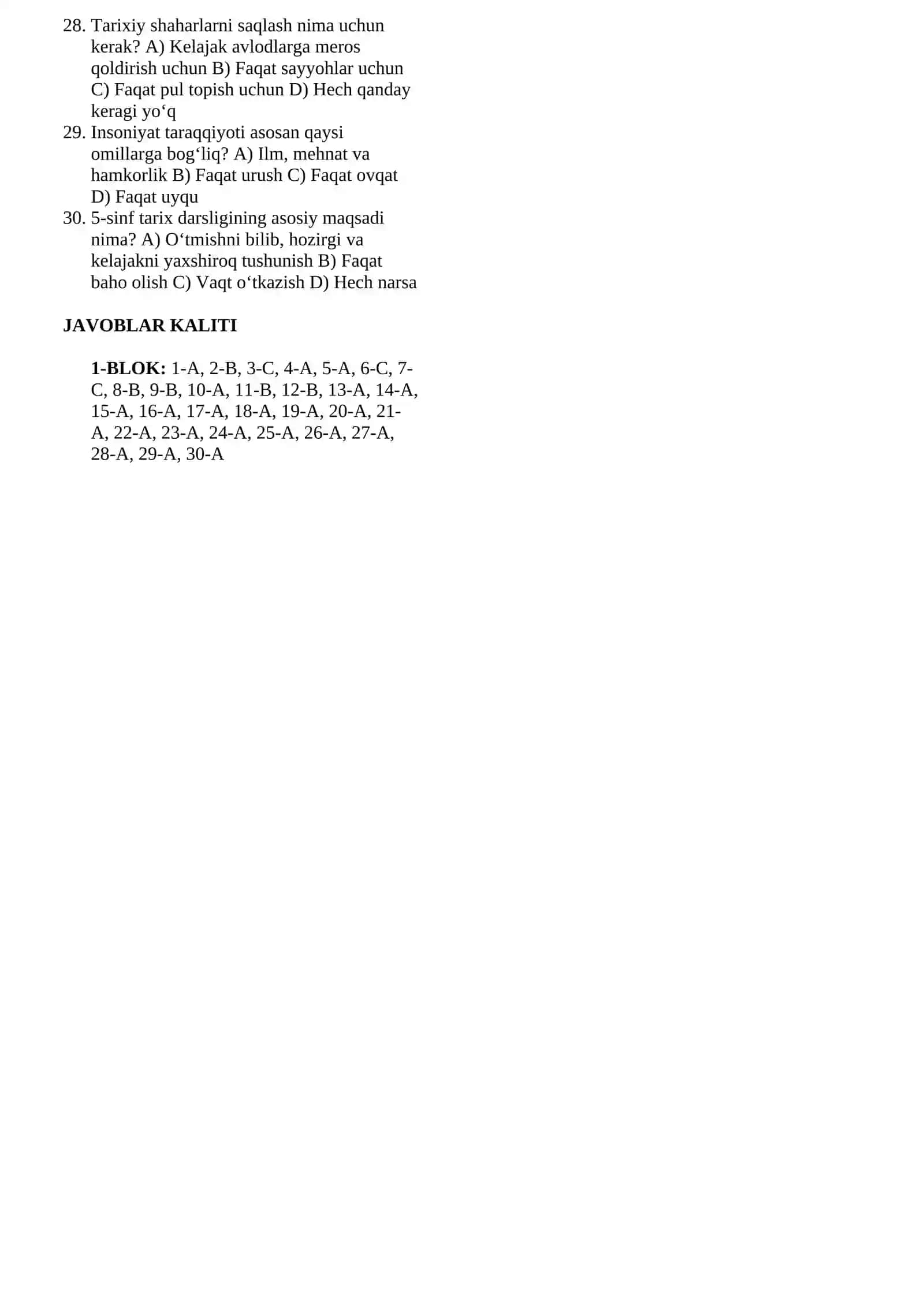 5-sinf tarix 1-BLOK TEST (30 savol) 2