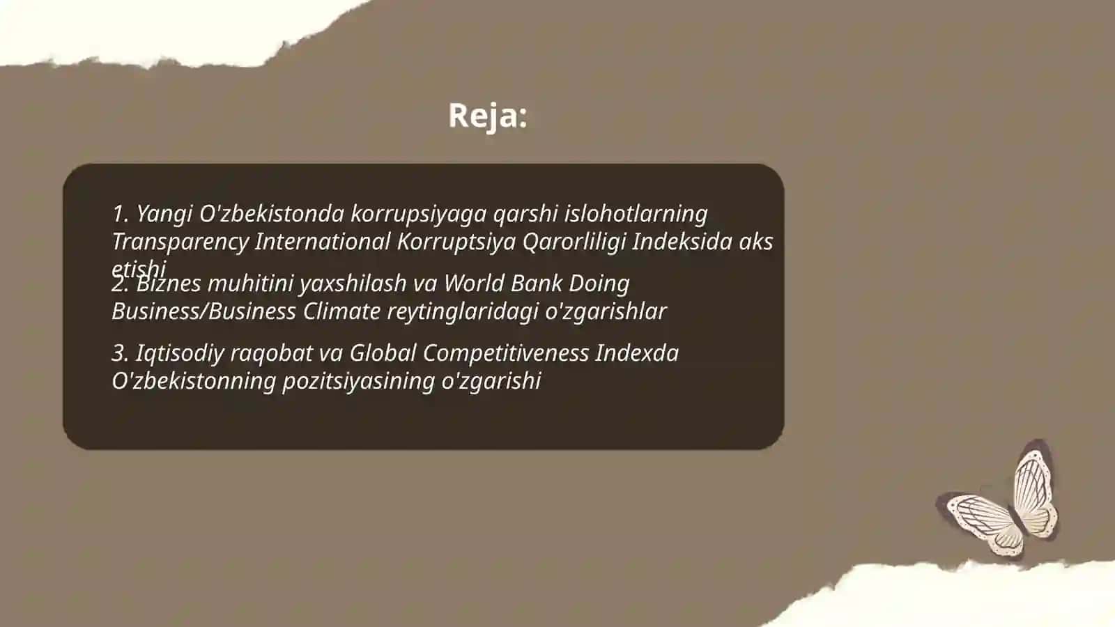 Yangi O'zbekiston ijtimoiy-siyosiy, iqtisodiy va madaniy hayotida ro'y berayotgan o'zgarishlarning xalqaro reyting va indekslarda aks etishi 2