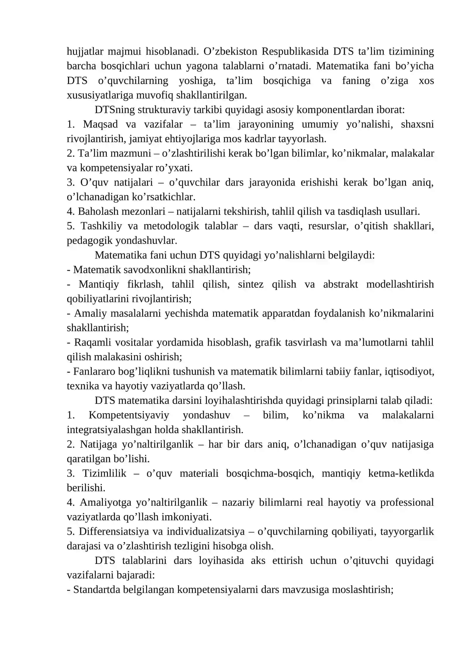 MATEMATIKA DARSINI LOYIHALASHTIRISH: DAVLAT TA’LIM STANDARTLARI VA FAN DASTURIGA MOS REJALASHTIRISH 2