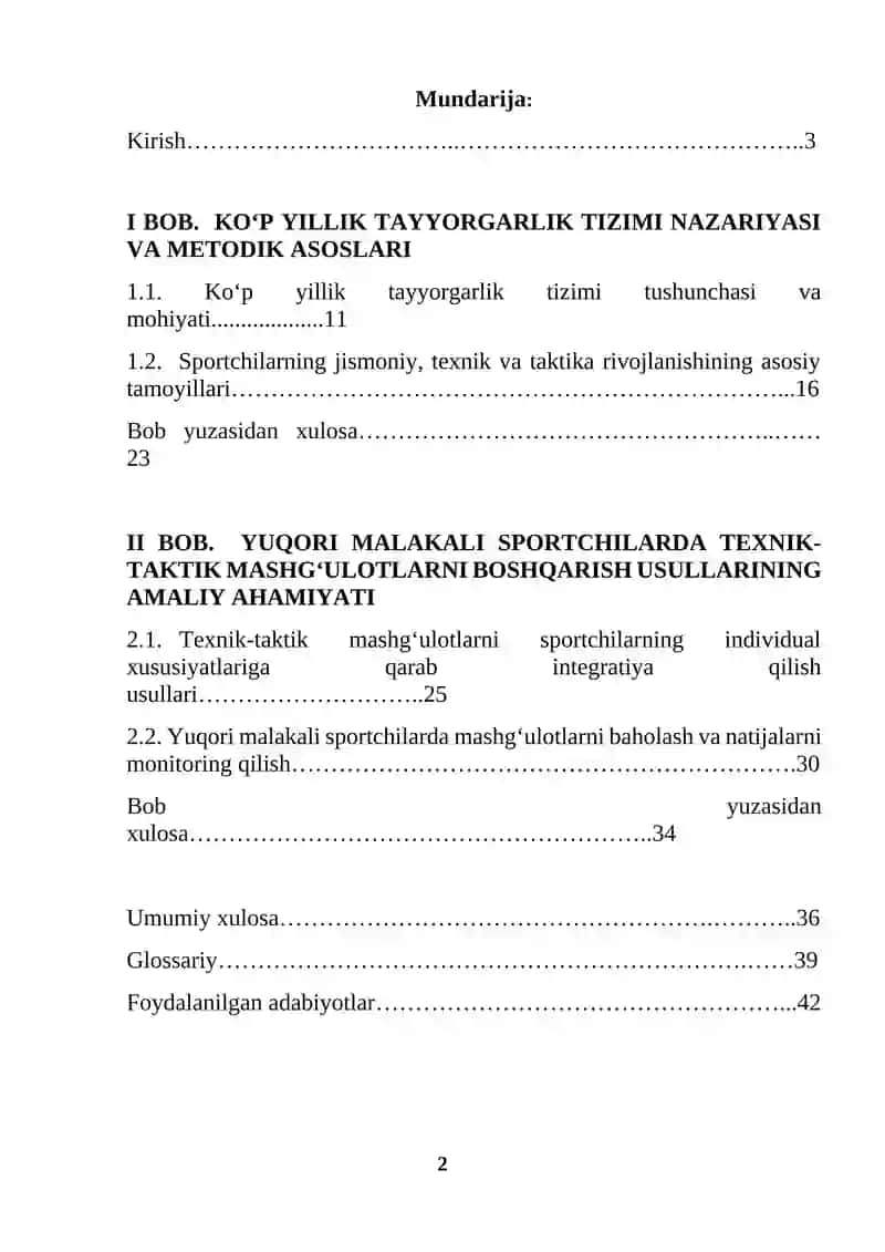 Ko'p yillik tayyorgarlik tizimida yuqori malakali sportchilarning texnik-taktik mashg'ulotlarini boshqarish (KURS ISHI) 2