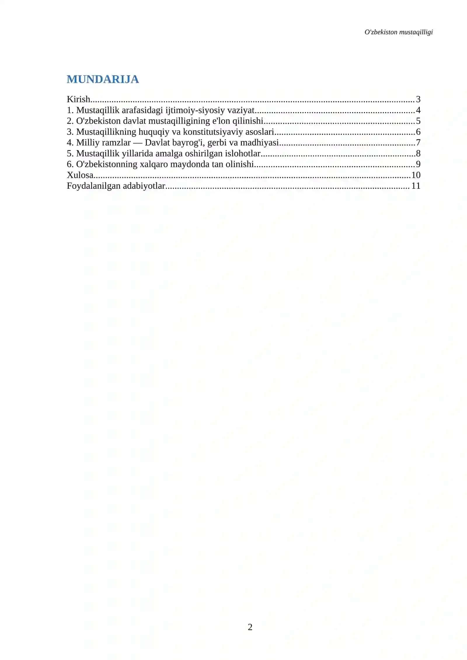 Referat OʻZBEKISTON mustaqilligi haqida 2