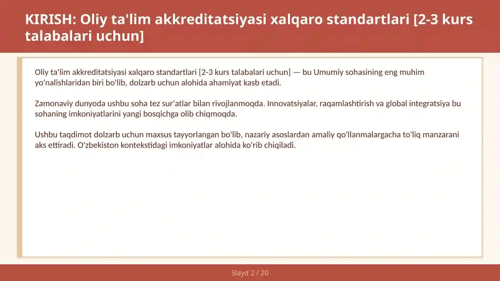 Oliy ta'lim akkreditatsiyasi xalqaro standartlari [2-3 kurs talabalari uchun] 2
