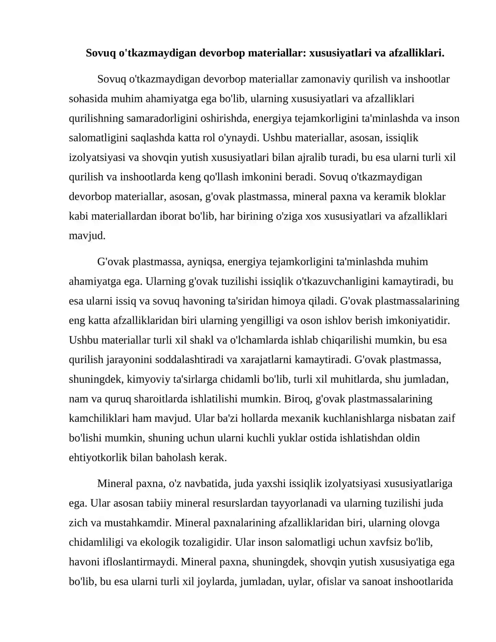 Sovuq o'tkazmaydigan devorbop materiallar g'ovak plastmassa mineral paxnadan devorbop materiallar keramik bloklar 2