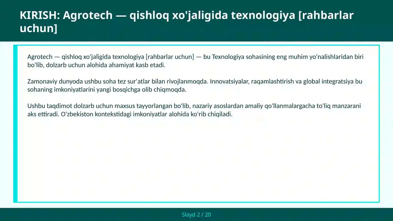 Agrotech — qishloq xo'jaligida texnologiya [rahbarlar uchun] 2