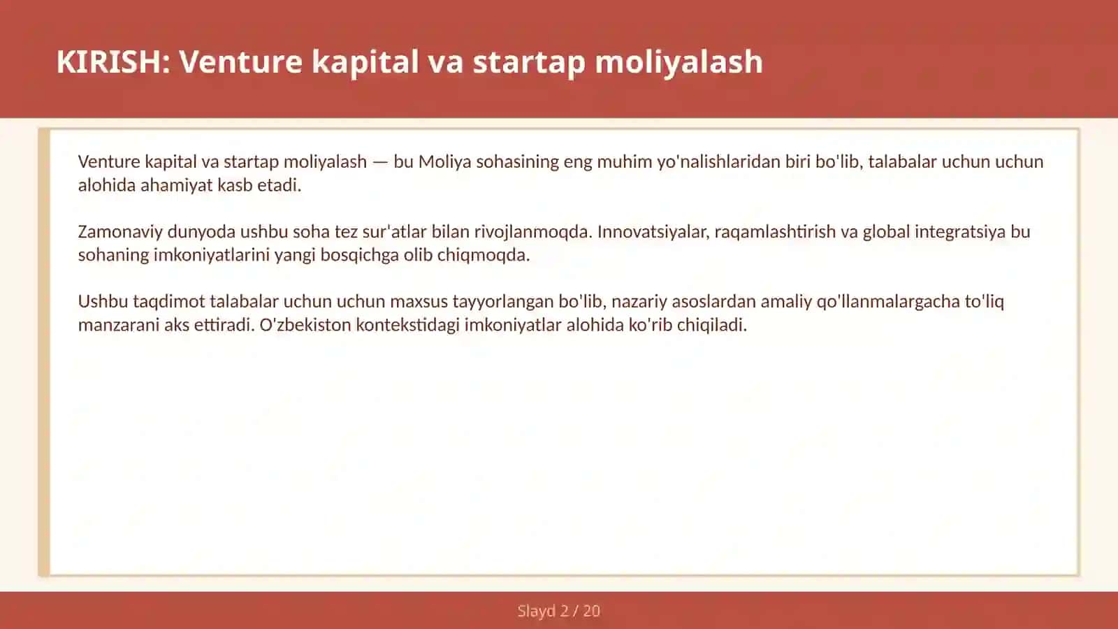 Venture Kapital va Startap Moliyalash 2