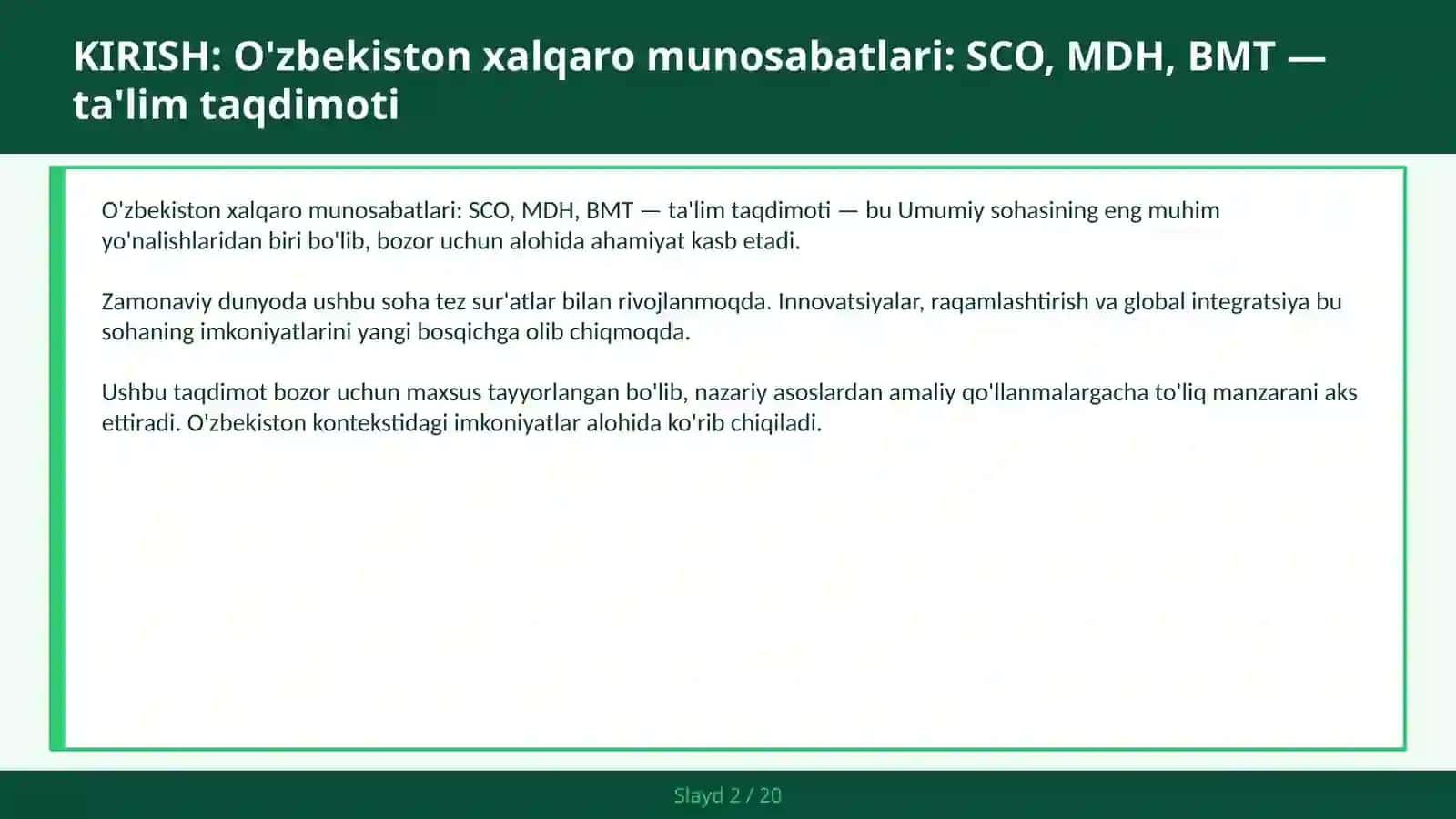 O'zbekiston xalqaro munosabatlari: SCO, MDH, BMT — ta'lim taqdimoti 2