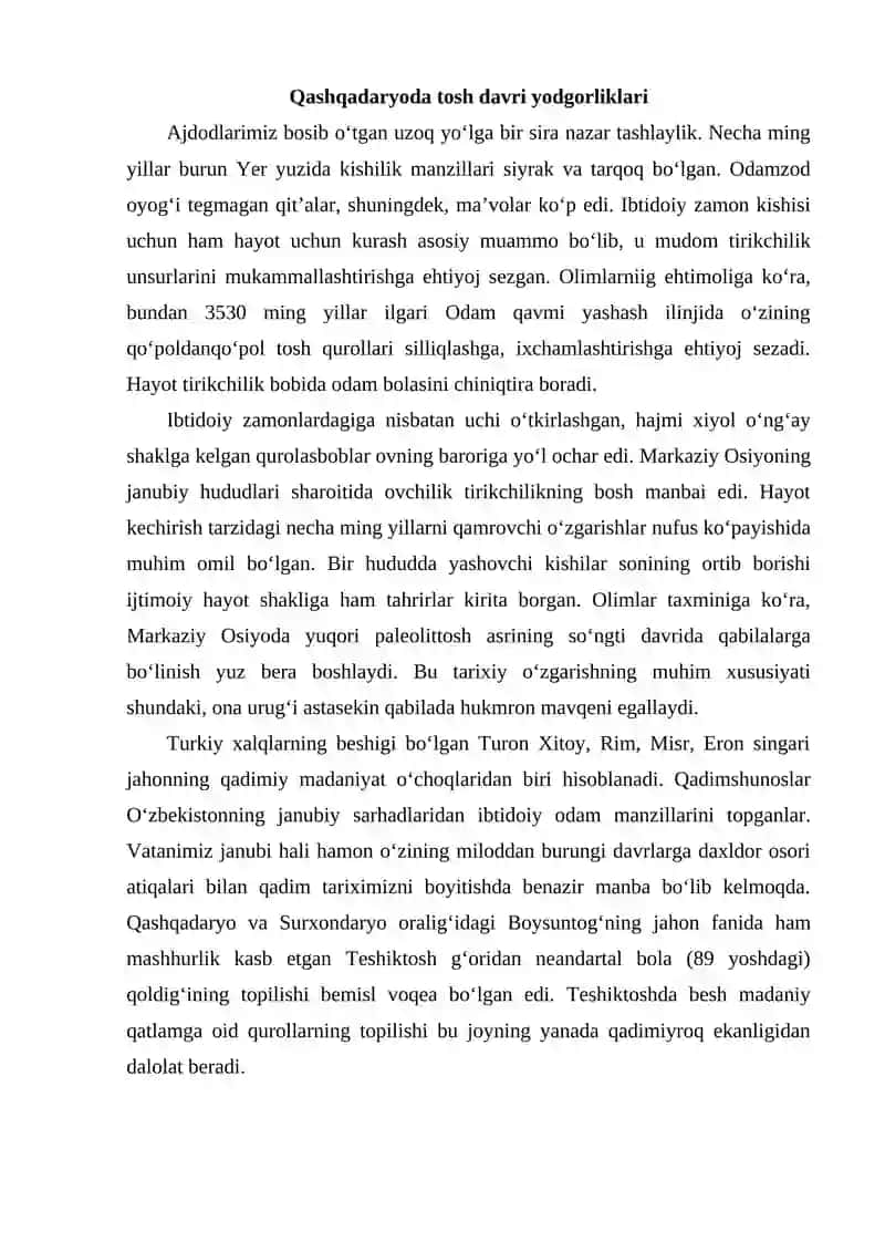 Qashqadaryo vohasi insoniyat sivilizatsiyasining qadimgi o‘choqlaridan biri 2