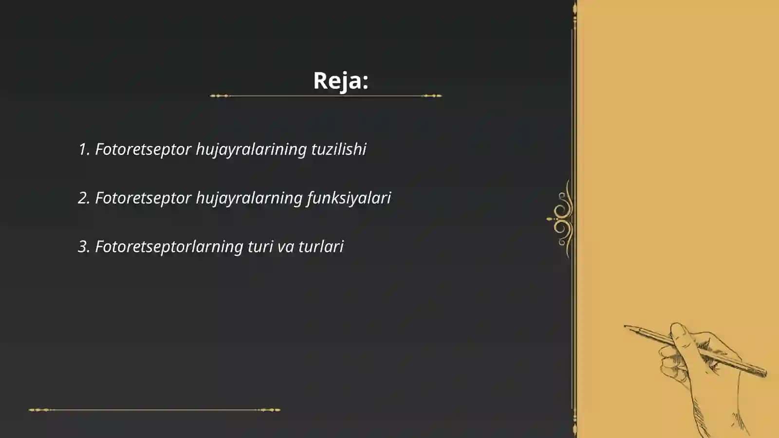 Fotoretseptor hujayralarining ultrastrukturasi va gistofiziologiyasi. Fotoresepsiyaning sitologik va molekulyar mexanizmlari. Gematooftalmik toʻsiqning tarkibi, funksiyalari, buzilishlari 2