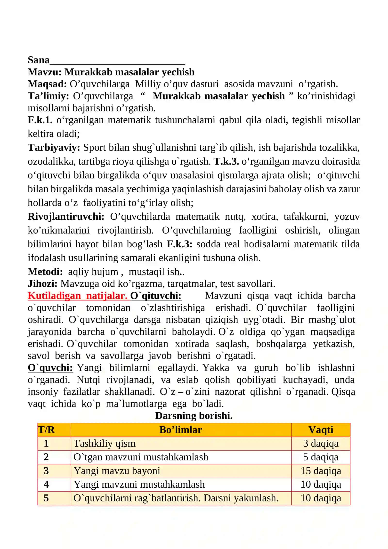 Murakkab masalalar yechish 1-sinflar uchun Matematika fanidan dars ishlanmasi 2